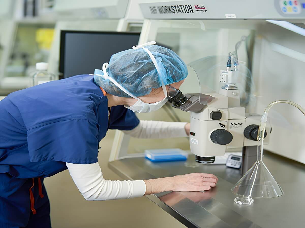 IVF laboratory specialists working with microscope