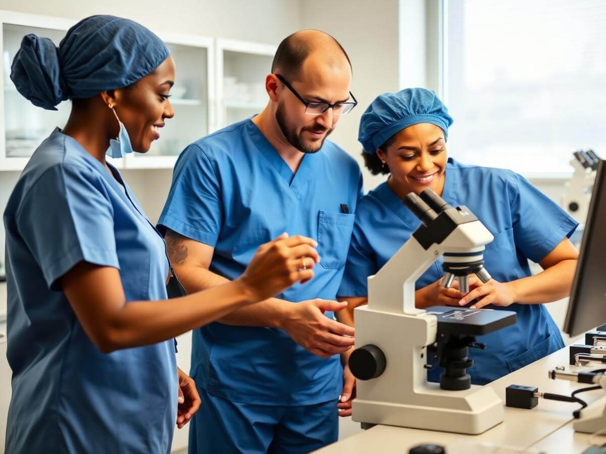 IVF laboratory specialists working with microscope